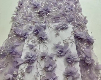 light purple bead fabric with 3d flowers, sequined lace fabric with 3d florals for dress and prom dress