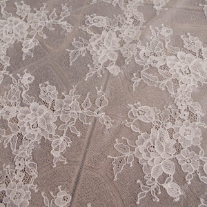 ivory chantilly lace fabric, bridal lace fabric with florals, French lace fabric by the yard image 1