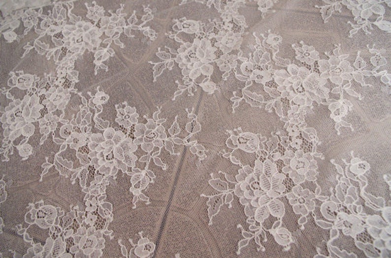 ivory chantilly lace fabric, bridal lace fabric with florals, French lace fabric by the yard image 1