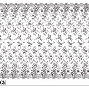 May include: White lace fabric with a floral pattern. The fabric is 150 cm wide and 300 cm long.