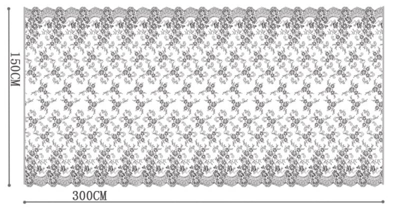 May include: White lace fabric with a floral pattern. The fabric is 150 cm wide and 300 cm long.