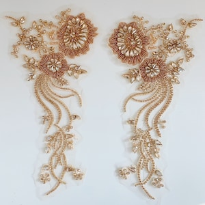 1 pair gold rhinestone applique, crystal florals bodice for dance costume, bridesmaid dress