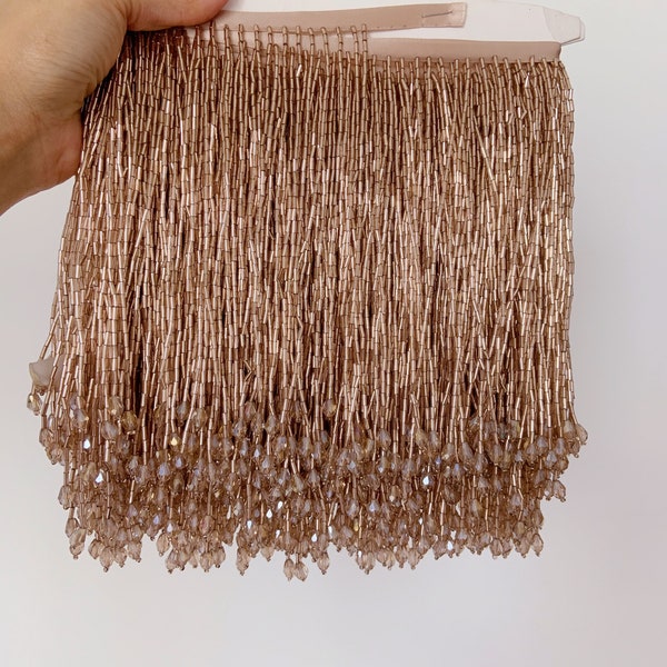 Rose gold bead fringe tassel trim for dance costume, haute couture dress trimming, beading fringe