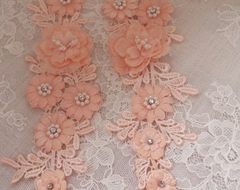 2pcs off white lace applique, 3D heavy bead lace applique with rose, 3D flowers lace applique, bridal lace appliques, bridal headpiece
