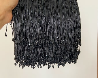 Black bead fringe tassel trim for dance costume, haute couture dress trimming, beading fringe