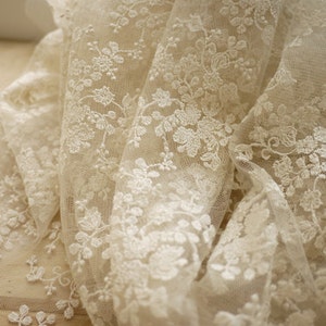 Ivory cream bridal lace fabric, embroidered lace fabric, retro embroidered floral lace fabric for bridal gown, tulle lace fabric