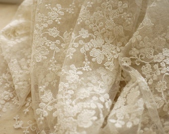 Ivory cream bridal lace fabric, embroidered lace fabric, retro embroidered floral lace fabric for bridal gown, tulle lace fabric