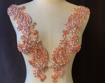 pink Rhinestone applique, heavy bead crafted rhinestone applique for bridal, for couture, dance costume