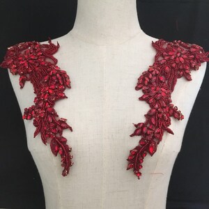 Red Rhinestone applique, heavy bead handmade rhinestone applique for couture and dress