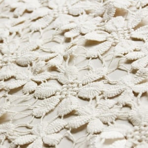 May include: White crochet fabric with a delicate floral pattern.