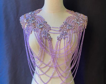 light purple rhinestone applique with chains for costume, motif applique for dance costume, rhinestone bodice for wedding dress, ball gown