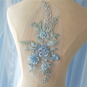 light blue lace applique, heavy bead lace applique, 3D lace applique with rhinestones, 3d floral, 3d flower applique