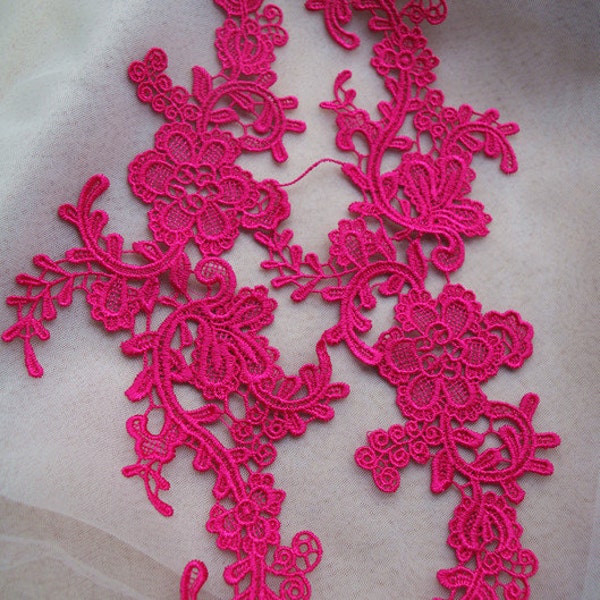 appliques de dentelle rose fuchsia, appliques de dentelle florale rétro par paires, appliques de dentelle de mariée, plusieurs couleurs disponibles