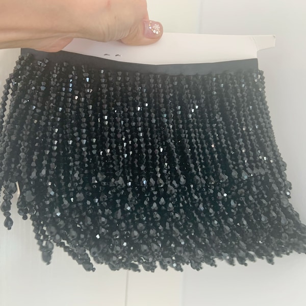 Black crystal fringe tassel trim for dance costume, haute couture dress trimming, beading fringe