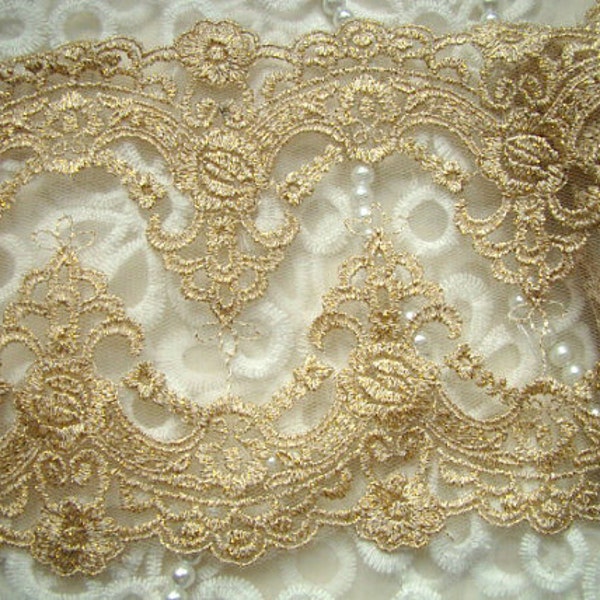 gold Lace Trim, embroidered gauze lace, retro lace fabric, vintage trim lace