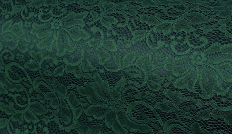emerald lace fabric, alencon lace fabric, embroidered lace fabric, green stretch lace fabric, costume lace fabric image 2