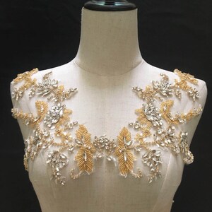 Gold Strass Perle Applikation mit handgemachten Blume, schwere Perle handgemachte Strass Applikation, Braut Kopfschmuck, Perle Kristall Applikation