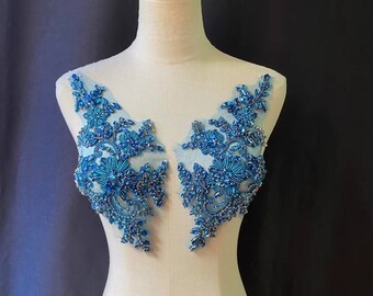 Teal florals rhinestone applique, crystal florals bodice for dance costume, bridesmaid dress