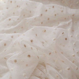 cream lace fabric, embroidered lace with polka dots, lace curtain by the yard