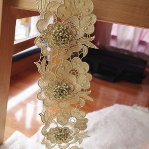 metallic gold lace trim with 3D flower, gold crochet lace trim