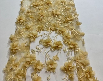 Gold yellow 3d flowers fabric , sequined lace fabric with 3d florals for dress and prom dress