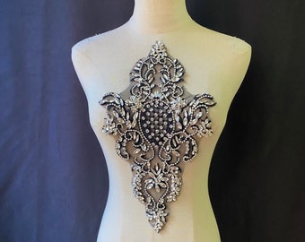 Silver Rhinestone on black base applique boidce, heavy bead crystal appliqué