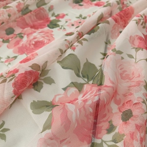 4 way power mesh fabric with printed pink roses and red roses, stretch tulle fabric, elastic tulle fabric, super smooth, well drape