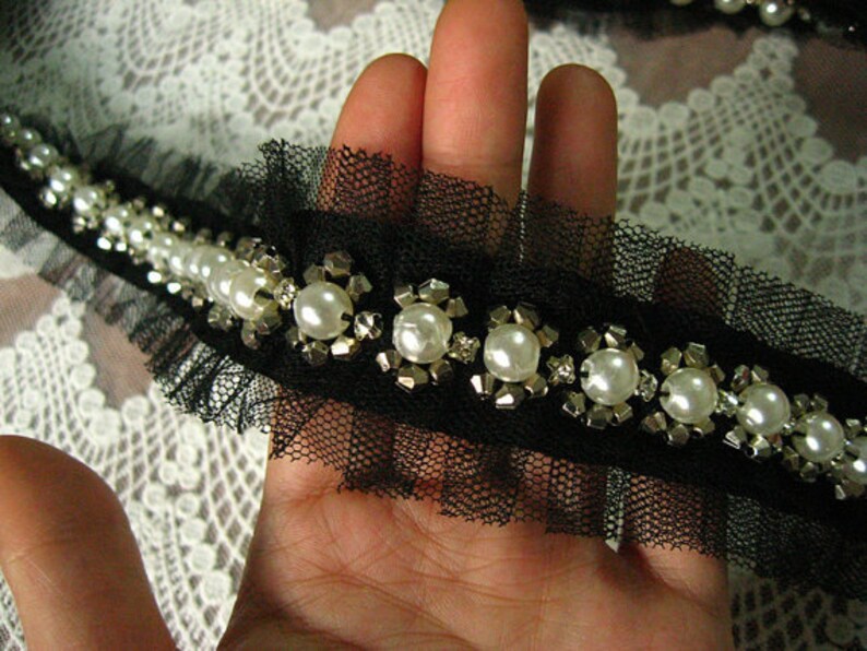 Black Beaded Trim Ruffled Tulle Trim Bead Lace Trim - Etsy