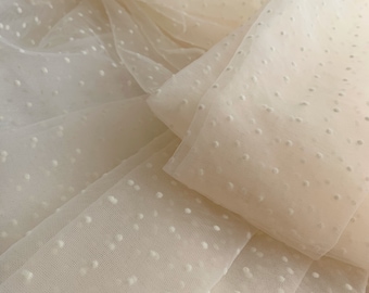 Ivory beige tulle Lace fabric with flocking velvet  polka  dot