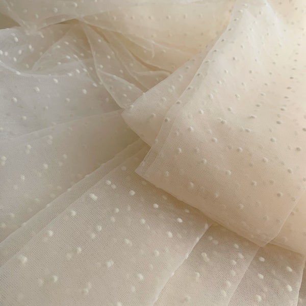 Ivory beige tulle Lace fabric with flocking velvet  polka  dot