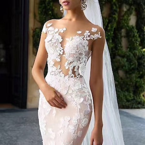 3D Lace Applique, heavy embroidered bodice lace applique, lace bodice for bridal dress altering with 3D florals, bridal lace applique