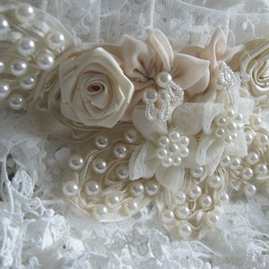 Beading Applique, bridal applique, wedding applique, pearl beaded applique with chiffon flowers, corsage applique, collar applique