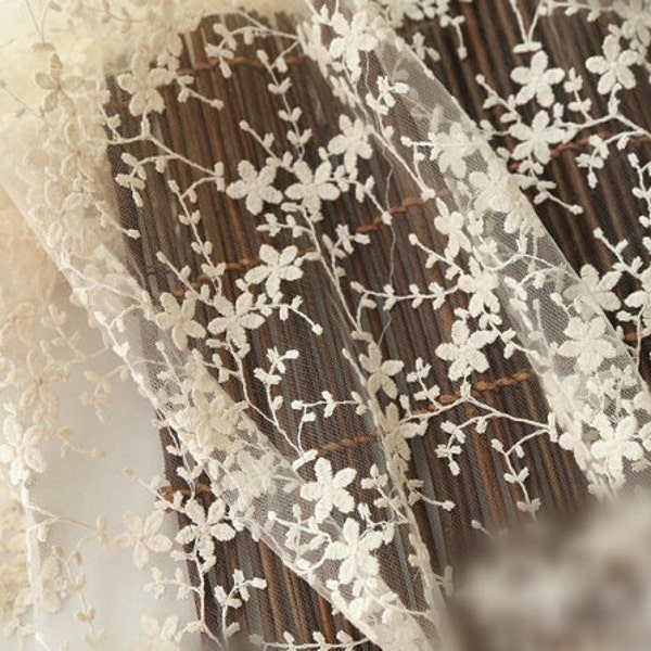 ivory cream lace fabric with retro floral vine