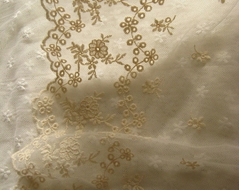 ivory lace, retro embroidered lace fabric, tulle lace trim, gauze lace, vintage scalloped lace