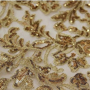 Gold Sequin Fabric , Lace Fabric, Luxury Baroque Bridal Lace Fabric, sequin embroidered lace fabric, golden lace fabric with retro florals