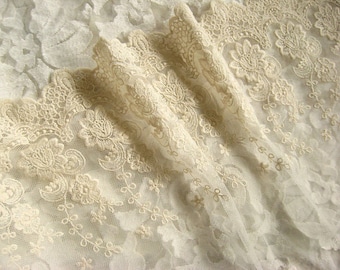 ivory lace fabric, embroidered lace fabric, retro bridal lace, vintage lace fabric, scalloped lace