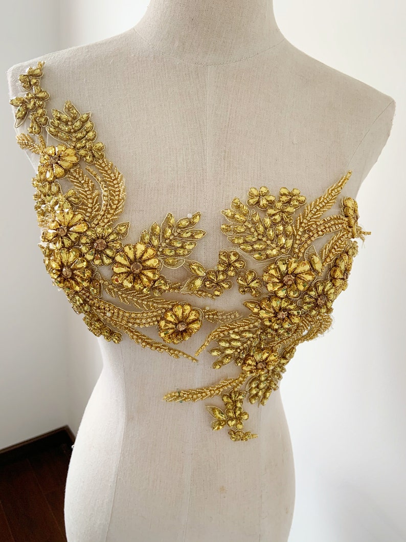 Gold crystal bead motif applique for dance costume, rhinestone bodice for wedding dress, ball gown image 4