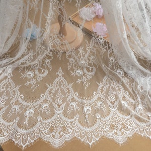 off white chantilly lace fabric, bridal lace fabric with florals, French lace fabric by the yard