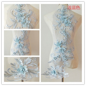 hellblaue 3D Spitzen Applikation, schwere PerlenSpitze Applikation, 3D Spitzen Applikation mit Strass, 3D Floral Mieder, 3D Blumen Applikation für Couture