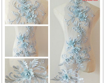 hellblaue 3D Spitzen Applikation, schwere PerlenSpitze Applikation, 3D Spitzen Applikation mit Strass, 3D Floral Mieder, 3D Blumen Applikation für Couture