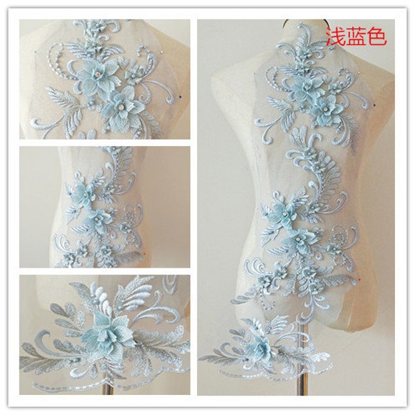 light blue 3d lace applique, heavy bead lace applique, 3D lace applique with rhinestones, 3d floral bodice, 3d flower applique for couture