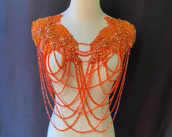 Orange rhinestone cape with chains for costume, body jewelry with fringe, shoulder necklace for couture and dance costume