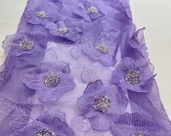 purple organza fabric with 3D flowers, bead 3D florals fabric, haute couture lace fabric