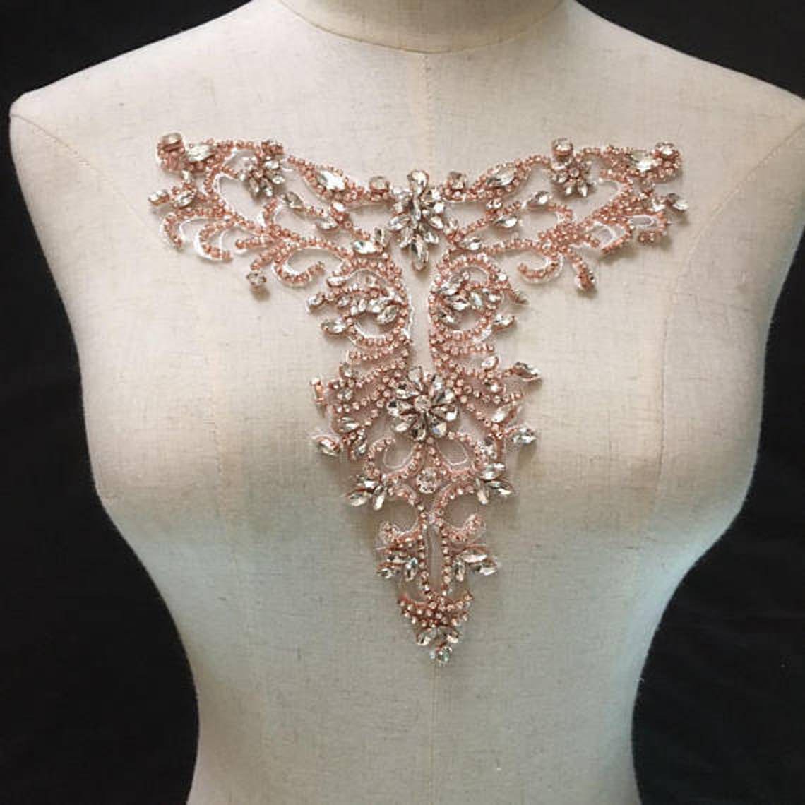 Gold rhinestone neckline applique crystal V neckline collar | Etsy