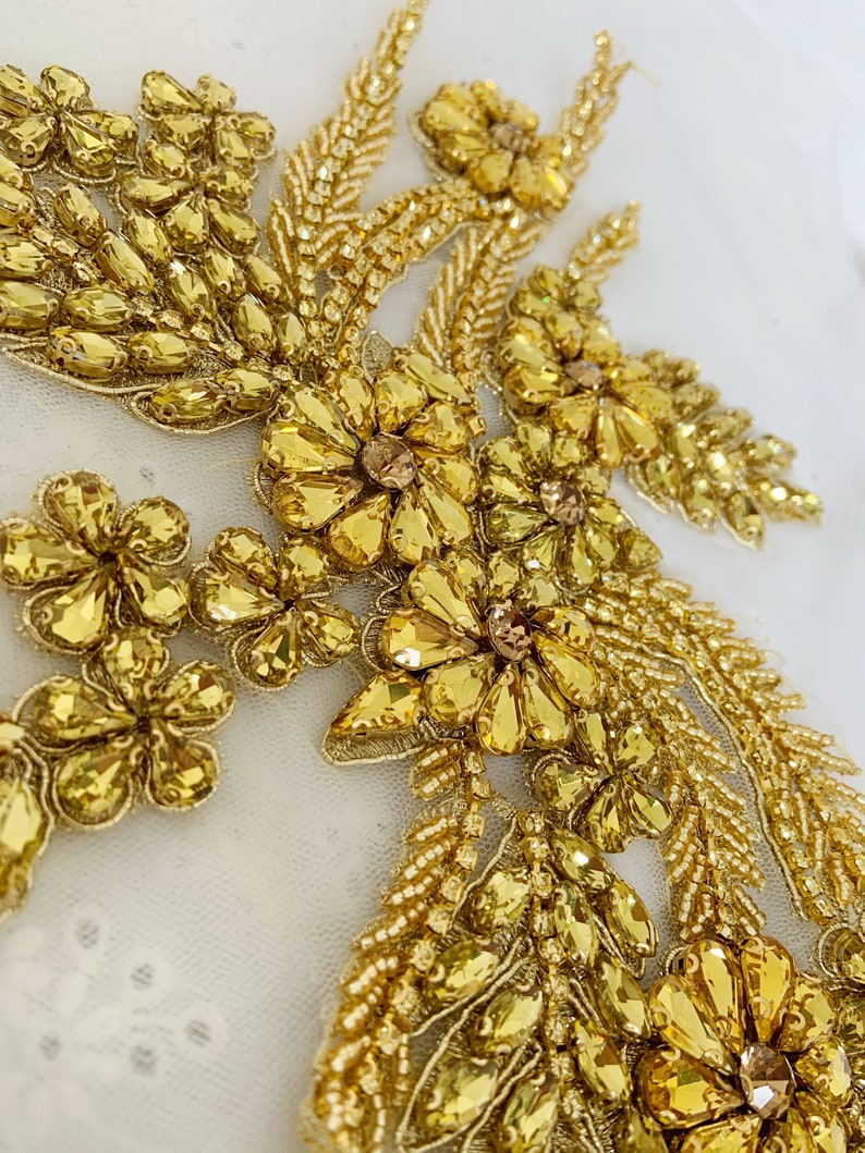 Gold crystal bead motif applique for dance costume, rhinestone bodice for wedding dress, ball gown image 6