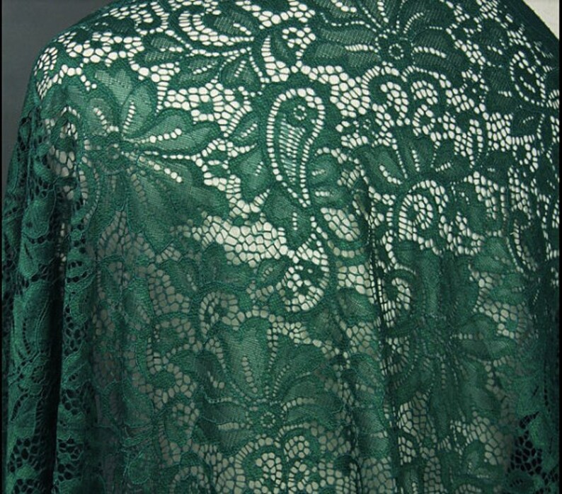 emerald lace fabric, alencon lace fabric, embroidered lace fabric, green stretch lace fabric, costume lace fabric image 3