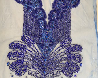 Large blue Rhinestone bodice appliqué , heavy bead handmade rhinestone appliqués for couture dress costume