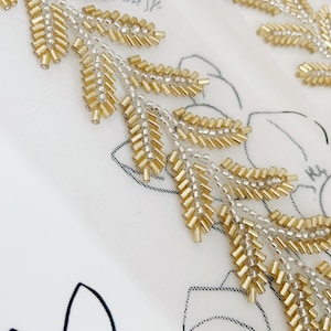 Gold bugle bead trim with leaves for couture, gold and silver leaves trim for couture, bead sash trim