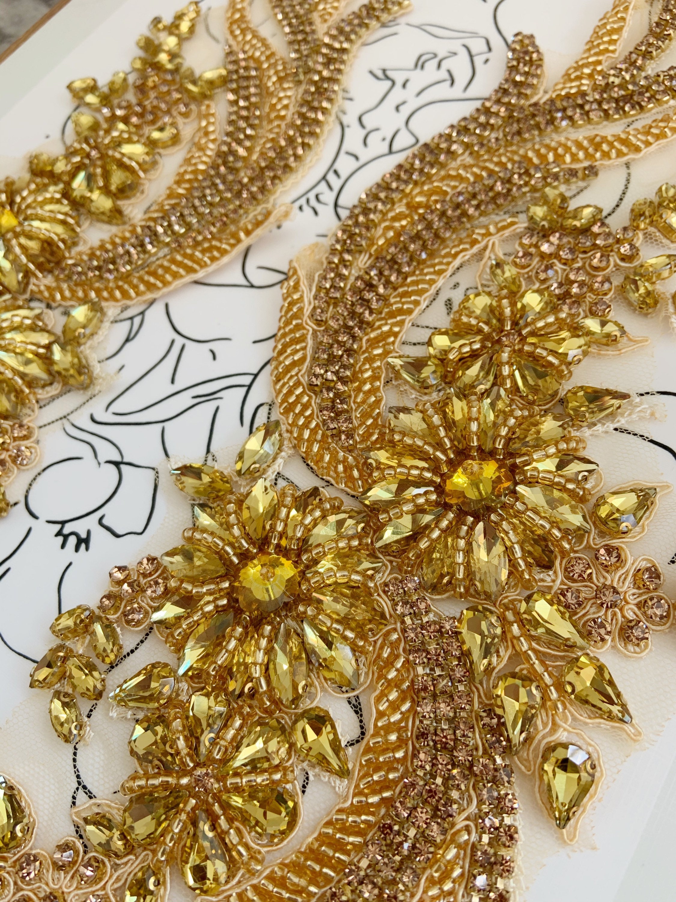 Handcrated Gold Rhinestone Applique For Couture, Heavy Bead