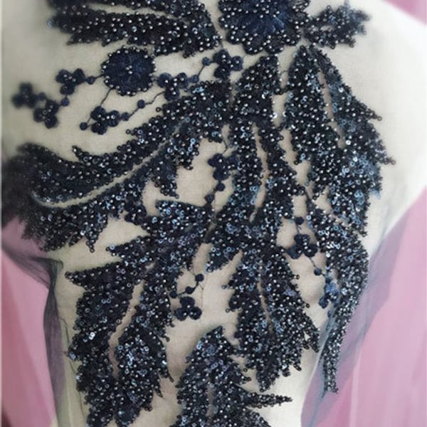 navy blue bead flowers motif lace applique, heavy bead lace applique, 3D lace applique with rhinestones, 3d floral, 3d flower applique